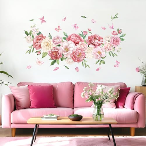 FUFUQUARE Stickers Muraux Pivoines Roses Fleurs Aquarelle Autocollant Mural Papillons Décoration Murale Amovible pour Chambre d'Enfant Chambre Salle à Manger Salon DIY