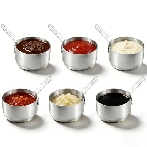 Weciau 6 Pcs 100ml Stainless Steel Sauce Pots, Small Dipping Bowls with Handle, Reusable Condiment Sauce Cups, Mini Saucepan, Round Condiment Pots, for Condiment Gravy Pepper Milk Soy Ketchup Mustard