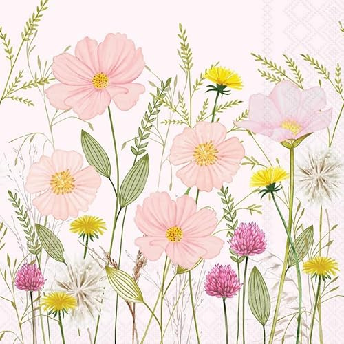 20 Servietten Blumen Rosa Blumen und Gräser als Tischdeko. Papierservietten mit Motiv. Auch für Decoupage und Serviettentechnik 33x33cm