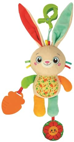 Clementoni Baby – Easy-Peasy Soft Bunny, Reise-Plüschtier für Kinder 0+ Monate, knisternde Rassel mit beißendem Anhänger, Zange für Kinderwagen und Auto, maschinenwaschbar, 17622