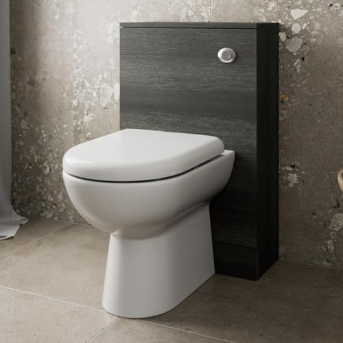 Baystone Modern Bathroom Cloakroom Back to Wall BTW Toilet WC 500mm Furniture Unit D Shape Pan Soft Close Seat, Dual Flush Cistern, Charcoal Grey