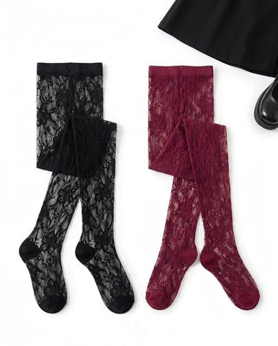 TISCH 2 Paar Spitzenstrumpfhose Damen Set, Schwarz & Weinrot Lace Tights, Florale Muster Strumpfhose mit Spitze, Sexy Gothic Lolita Style für Party & Alltag, Hochelastisch