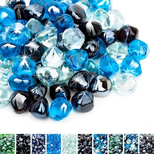 Skyflame 10-Pound Blended Fire Glass Diamonds for Fire Pit Fireplace Landscaping, 1/2 Inch Caribbean Blue, Crystal Ice, Amber Luster