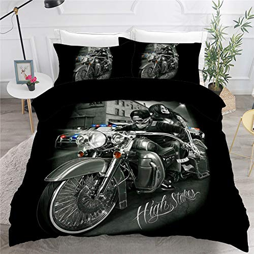 Timiany Bettwäsche Set Schädel & Rosen Bettbezug 135x200cm, Halloween Gotisch Totenkopf Hypoallergen Mikrofaser Bettbezüge Und 2 Kissenbezug 80x80cm (Motorrad,200x200+50x75)