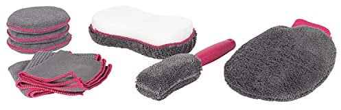 Kleeneze KL082350EU7 9 Piece Deluxe Car Cleaning Set - Includes Wheel Brush, Soft Cleaning Pads, Polishing Mitt, Double-Sided Sponge and Microfibre Cloths, Interior/Exterior Cleaning Kit, Grey/Pink