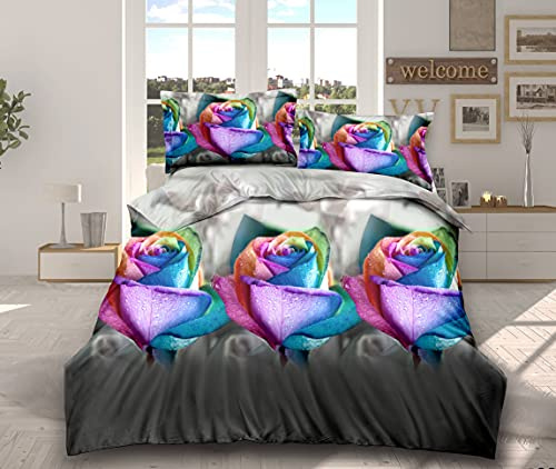 THL 4 Pcs Complete Bedding Set 3D Design Floral Printed Duvet Cover with Fitted Sheet Pillowcases (Multi Rose Grey Base 363, King)