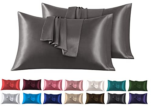 Satin Kissenbezug 50 x 90 cm 2 Stück- 100% Satin, Superweicher Kopfkissenbezug, Kissenhülle Hellgrau