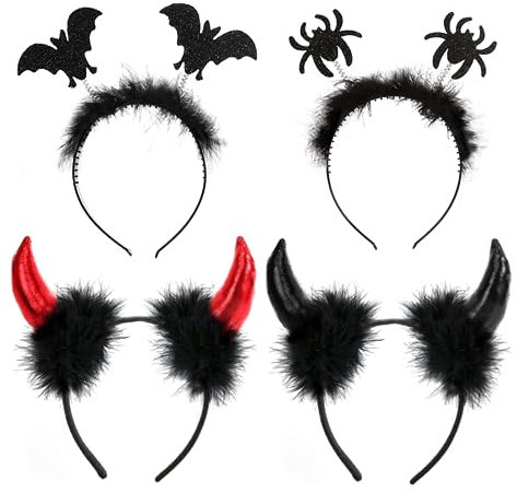 Bluelves 4 Stück Teufelsohren Haarband,Schwarzer Plüsch Spinne und Fledermaus Haarreif,Schwarzer und Roten Haarreifen mit Teufel Hörner Ohren für Fasching Karneval Halloween Party Kostüm