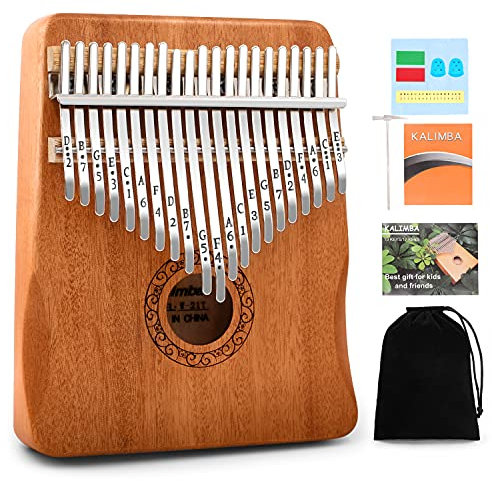 YUNDIE Kalimba Daumenklavier, tragbares 17 Tasten Mbira Fingerpiano mit Stimmhammer und Lernanleitung, Musikinstrumente Geburtstagsgeschenk für Kinder Erwachsene Anfänger Profi (Braun, 21 keys)