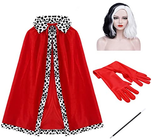 FYMNSI Damen Cruella Deville Kostüme Umhang Erwachsene Cruella de Vil Cosplay 101 Dalmatiner Verkleidung Gepunktet Kap Perücke Handschuhe Zigarettenhalter 4tlg Set für Halloween Fasching Karneval Rot