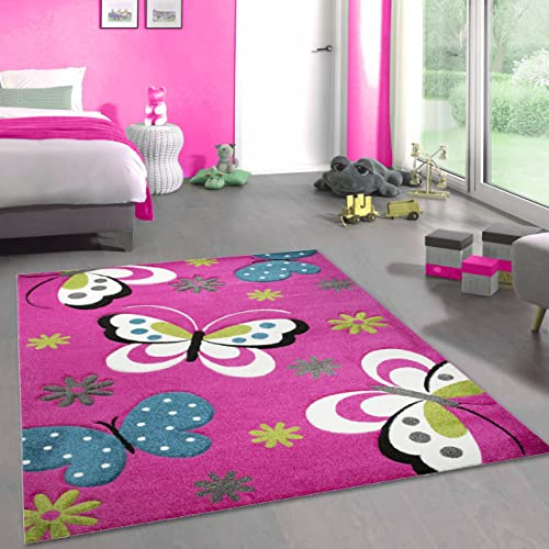 CARPETIA Teppich Kinderzimmerteppich mit Schmetterlingen | strapazierfähig & robust | pink, 120 x 170 cm