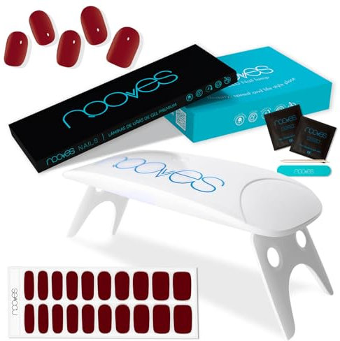 NOOVES Láminas de Gel para Uñas + Lámpara de Secado | 20 uds Rojo, Semicuradas y Veganas con Lima y Palito de Naranjo