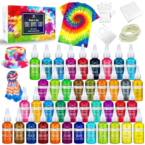 Tie Dye Kit 40 Colores - Pinturas Textiles de Tela Vibrantes para Camiseta, Niño y Adultos Pintura de Ropa DIY - Tinte Fabric Tie-Dye Permanente Todo en 1 para Camisa, Shirts, Hoodie, Niña, Fiesta