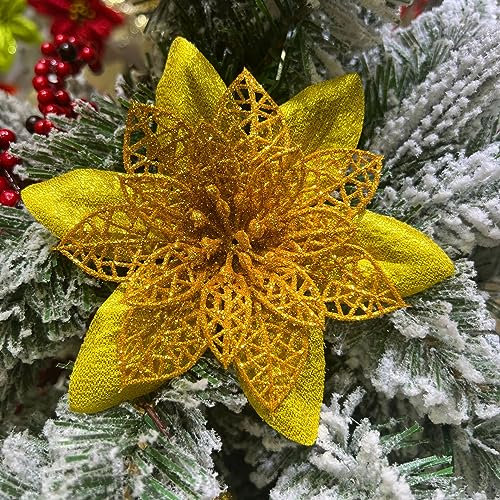 SYSUII 20 Stück Weihnachtsdekoration Blumen, 12cm Weihnachten Glitzer Weihnachtsstern Blumen Kunstblumen Poinsettia Christbaumschmuck für Kranz Weihnachtskranz Geschenkverpackung -Gelb