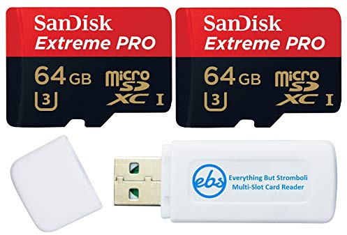 SanDisk Extreme Pro Lot de 2 cartes mémoire Micro SD 64 Go Fonctionne avec caméra d'action GoPro Hero 12 Noir (SDSQXCU-064G-GN6MA) U3 V30 avec 1 lecteur de carte micro SDXC et SD Everything But