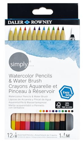 Daler Rowney Simply - Etui 12 crayons de couleur acquarellables avec 1 pinceau réservoir