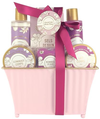 French Tendance - Coffret Bain Vanille - Gel Douche 180ml, Bain Moussant Pomme d'Amour 190 ml, Gommage, Lait de Corps, Bombes de Bain - Cadeau Femme Beauté, Soin Corps - Kit Cocooning Baignoire