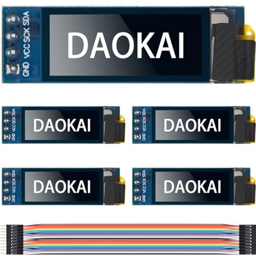 DAOKAI OLED Display Module 0.91 Inch I2C IIC OLED Display Module DC 3.3V~5V 128X32 Pixel Screen Drivern Board with Cable for Arduino(White Light) - 5pcs