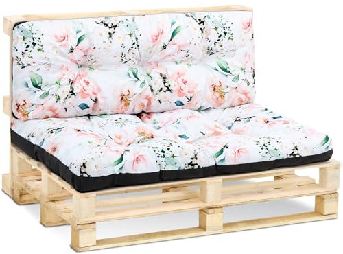 Amazinggirl Palettenkissen Outdoor Kissen Set: Rückenkissen 40x120 cm und Sitzkissen 80x120 cm - Auflagen für Paletten Europaletten Palettensofa und Palettenmöbel Palettenpolster Blumen Weiß