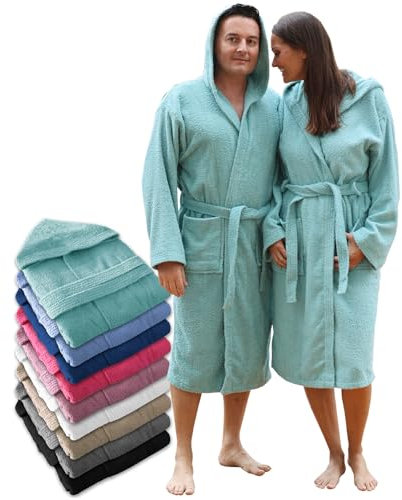 LEBENGOOD Peignoir de bain à capuche, pour femme et homme 100% coton éponge 400 g avec ceinture, poches, douche, peignoir doux, serviette (hombre.Capucha Agua L)