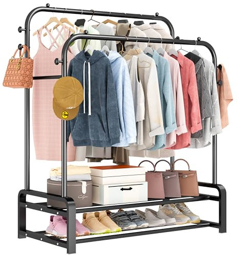 SMILOVII Metal Clothes Rail, Double Clothing Rail, Heavy Duty Clothes Rack, 8 Hanging Hooks and 2-Tier Shoe Rack, Free Standing Rails to Hang Clothes for Bedroom-Black