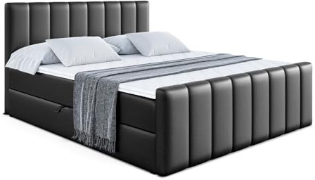 ALTDECOR Boxspringbett mit Multipocket-Matratze H4 (20 cm hoch) mit + PUR + Kokosmatte, Topper (5 cm hoch), Polsterbett mit Kopfteil und Bettkasten - OTTA-Z - 140x200 - Schwarz Kunstleder