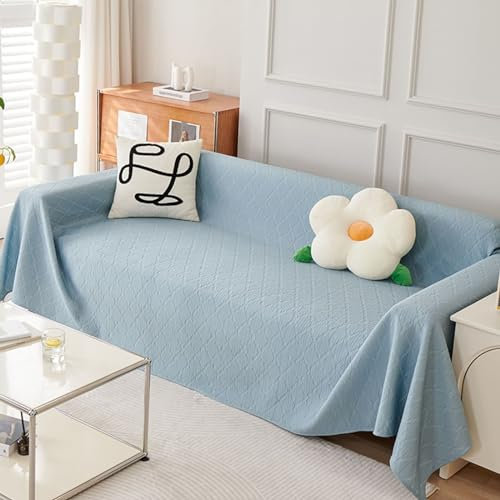 Epinki Sofa Überwurfdecke, 180x420CM Sofahusse 4 Sitzer Einfarbig Muster, Waschbarer, Kratzfester rutschfest Sofaschoner aus EIS Seide für Hunde Haustierfreundliche, Blau