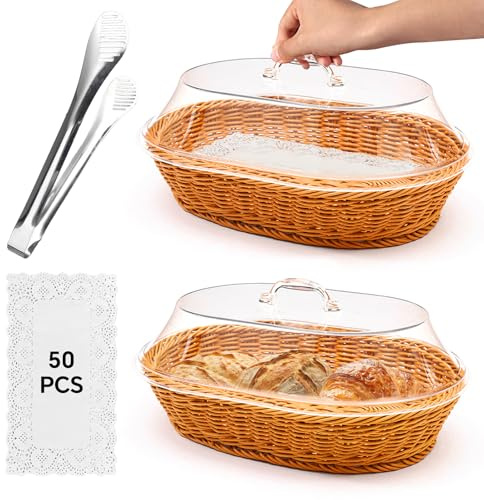 Trez Treamer Rattan Bread Baskets, 2 Pack, Oval Woven Baskets with Acrylic Lids, 15.75 x 11.81 inches, Stainless Steel Tongs, Lace Doilies, for Bread, Fruit, Food Display