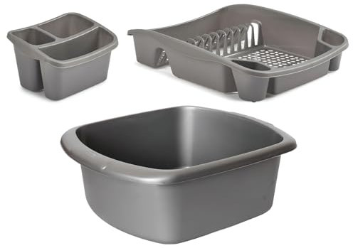 VR7 - Set of 3, Rectangular Washing Up Bowl, Dish Drainer Rack, Tidy Cutlery Drainer for Sink Holder Caddy - Plastic, Organized Sink Area with Silver Kitchen Accessories, Stylish and Functional