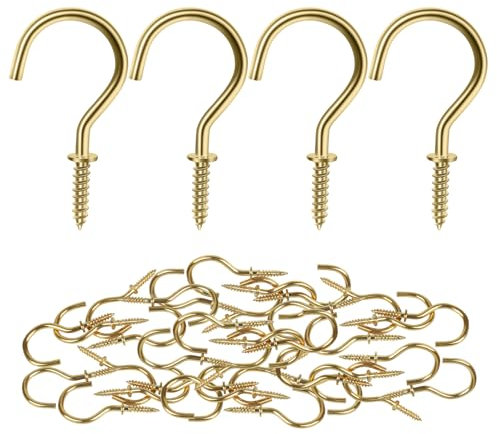 MewuDecor Ganchos de tornillo, ganchos de madera de 1-1/4 pulgadas, ganchos de techo para interiores y exteriores, para utensilios, plantas, cestas, luces, coronas, dorados, 50 unidades