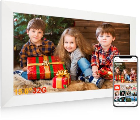 Digitaler Bilderrahmen 15,6 Zoll, Elektronischer Fotorahmen Groß WLAN mind. 20.000 Fotos(32GB) Frameo Bilderrahmen Digital 1920x1080 FHD IPS Touchscreen, mit US-Stecker – Spannungswandler erforderlich