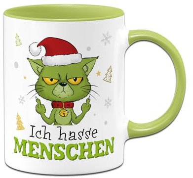 Tasse Grinch Katze - Ich hasse Menschen - Weihnachtstasse lustig, Kaffeetasse mit Spruch Geschenk für Anti Weihnachtsmuffel an Weihnachten, Kollegin (Grün)