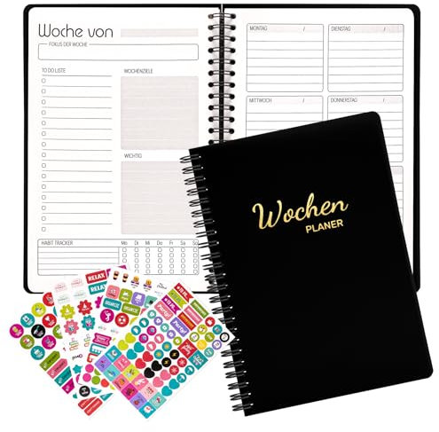 Fettwal Undatierter Wochenplaner, Terminplaner A5, Wöchentlicher Terminkalender mit To-Do-Liste, Notizfeld, 4 Aufkleber, 52 Blatt Terminplaner auf Deutsch Ringbuch mit Hardcover (Schwarz)