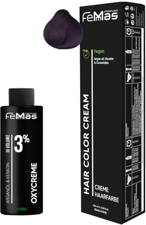Femmas Haarfarbe Set Violet I Hair Color Cream 100ml + Oxycreme 100ml 3% I Permanente Haar-Coloration + Entwickler I Schonend & langanhaltend I Salon-Haarfarbe für Zuhause