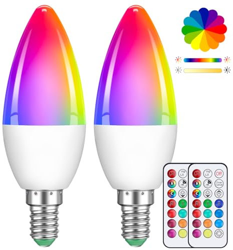 2 Pack 5W E14 C35 Bulbe LED De Bougie Multi-couleurs Dimmable, Ampoule à Changement De Couleur Avec Télécommande, RGB+Blanche Chaude, Adaptée à L'éclairage Quotidien Et à L'éclairage De L'atmosphère