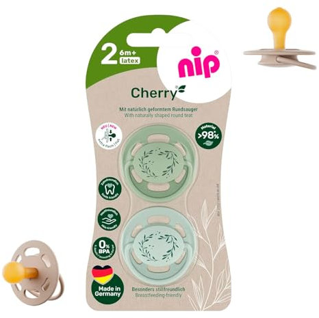 nip Cherry Schnuller 2er Pack, flacher Sauger in Kirschform Naturkautschuk, stillfreundlich, BPA-frei, nachhaltig, 6 Monaten +, ZAHNFREUNDLICH, BEWÄHRT UND BELIEBT