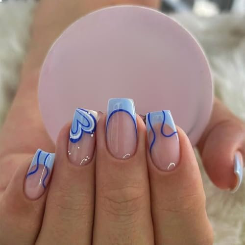 GlamRays Lot de 24 faux ongles carrés bleus à coller, pour fille, mère, femmes