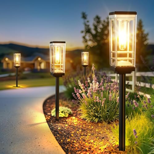 BUCASA Solar Lights Outdoor Garden, 4 Pack Larger Garden Lights Solar Powered Waterproof with 2700K Warm White Light, Auto On/Off Solar Ornaments Outdoor Lights for Yard Pathway Patio Decorative Lawn