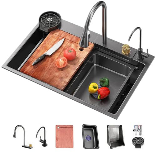 Fregadero Cocina 80x45cm, Fregadero De Acero Inoxidable 1 Seno, Fregadero Cascada Multifuncional, Fregadero Grande Sobre Encimera Con Accesorios Incluidos, Fregadero De Cocina Moderno