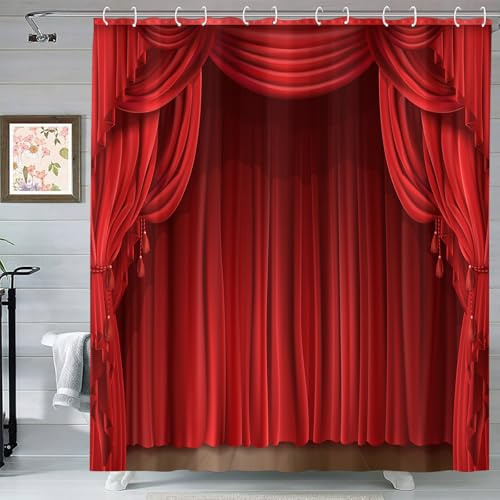 GardEssere Theater-Duschvorhang für Badezimmer, Show, Bühne, Badvorhang mit 12 Haken, wasserdicht, Polyester, Rot, klassischer antiker Hintergrund, 183 x 183 cm