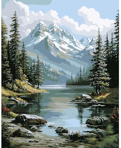 DAERLE Pintura por Números para Adultos, Bosque y lago, Kit de Pintura al óleo de Lienzo para con Pinceles, DIY Pintura por Números Para Decoración Del Hogar, Sin Marco 30x40 cm, Paisaje de montaña