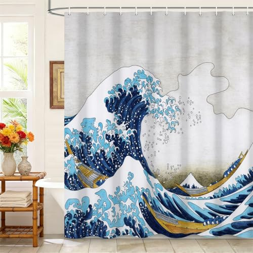 Kzzfqxb 90x183cm Duschvorhänge mit Kunstst Offhaken, Japanische Ukiyoe Kunst Hokusai Boote in Großen Welle Wasserdicht Polyester Gewebe für Badewanne, Orientalische Malerei Dekoration für Badezimmer