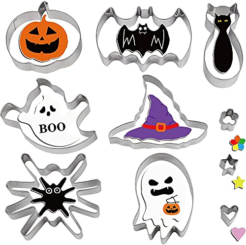 VEYLIN Lot de 10 emporte-pièces en acier inoxydable pour Halloween - Avec motifs araignées, chats, citrouilles - Pour gâteaux de fête, ateliers de cuisine, cadeaux originaux