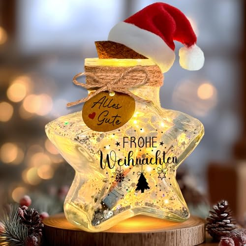 Leboria Geldgeschenk Weihnachten–LED Flaschenlicht in Sternform mit Weihnachtsmützchen, Kreative Geldgeschenke Verpackung Weihnachten, Nikolaus Geschenke Weihnachtsgeschenke für Frauen Männer Kinder