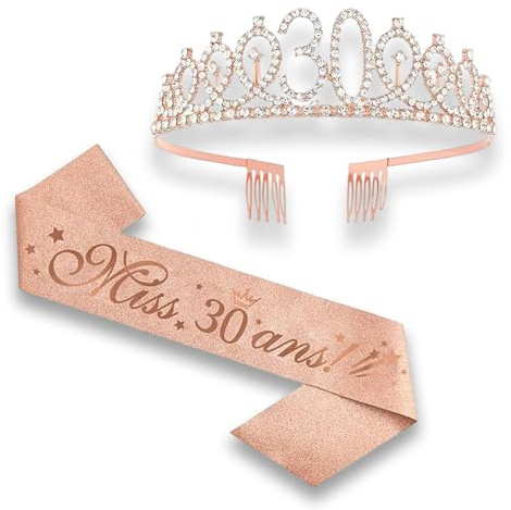 fKiZanthene Ensemble de Deux Bijoux de Cheveux, Couronne et Écharpe 30 Ans en Or Rose avec Paillettes, Décoration pour Fêtes d’Anniversaire et Occasions Spéciales