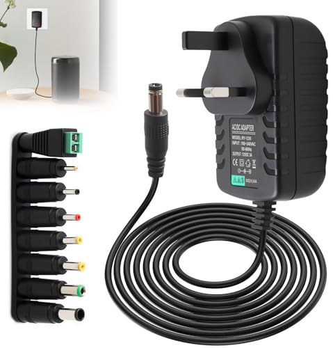 12V 3A Universal Power Supply Cable Adapter UK 36W AC DC Supply Cable with 8 Replacement Tip 100-240V 50-60Hz 5.5x2.5mm Converter Wall Charger for CCTV Security Led Strip Lights TV Box Router Speaker