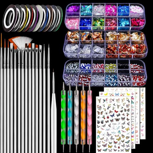 Nail art, Nail Tools Set, Foil, Nail Gems, nail Rhinestones, 5 Dotting Pens, 15 Nail Brush, 5 Art Stickers, for Gel nail Art, Suitable for Girls, Beginners, Nails art Enthusiasts