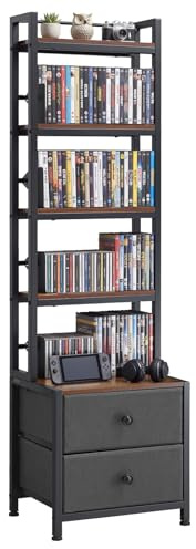VEVOR Scaffale per CD DVD 4 Ripiani 2 Cassetti Scaffale Multimediale Autoportante 400 x 300 x1435 mm Supporto Porta CD DVD Libri Dischi Giochi Salvaspazio da Soggiorno Ufficio Libreria, Nero