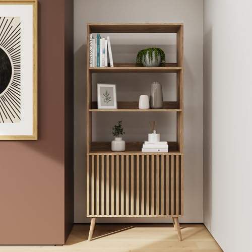 GFW Rowan Bookcase with Shelves & Cupboard Storage, Oak Effect Display Unit with Slatted Detailing for Living Room or Office
