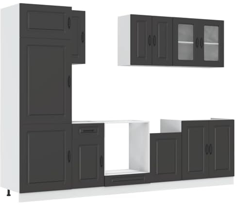 WRJENFSC - Juego de 8 gabinetes de cocina Kalmar, madera negra, fachada de cristal, patas ajustables, mueble fregadero y horno, para montar usted mismo.